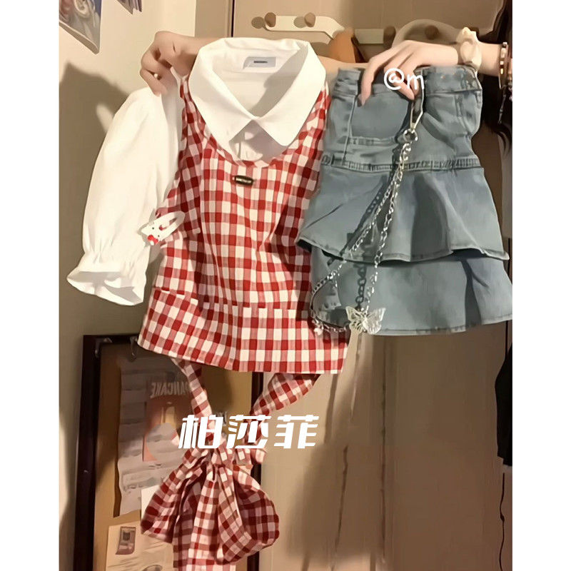 夏季溫柔系穿搭女2023新款韓版格子吊帶短袖襯衫牛仔半身裙三件套