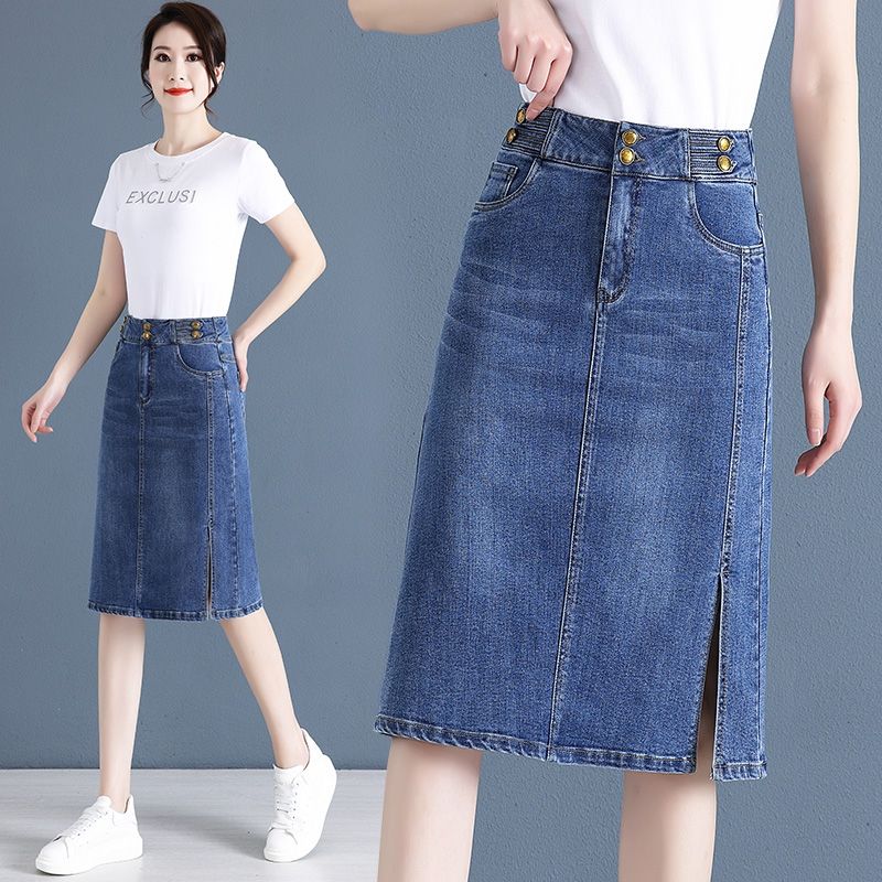 Denim skirt women's summer  new high-waisted mid-length a-line skirt slit one-step hip-covering short skirt