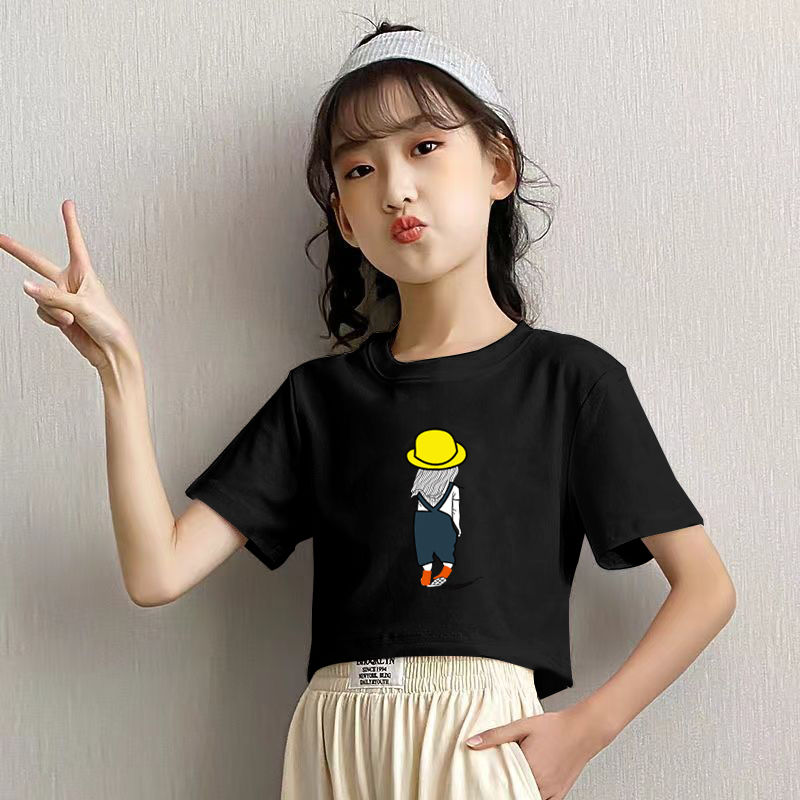 中大女童短袖t恤新款可爱夏季时髦洋气黑色儿童短款高腰上衣