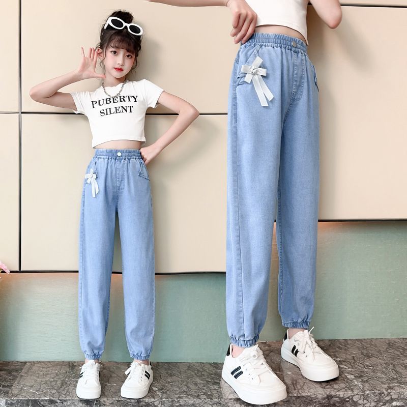 女童褲子夏季薄款寬鬆休閒時尚防蚊長褲中大童夏裝兒童天絲牛仔褲