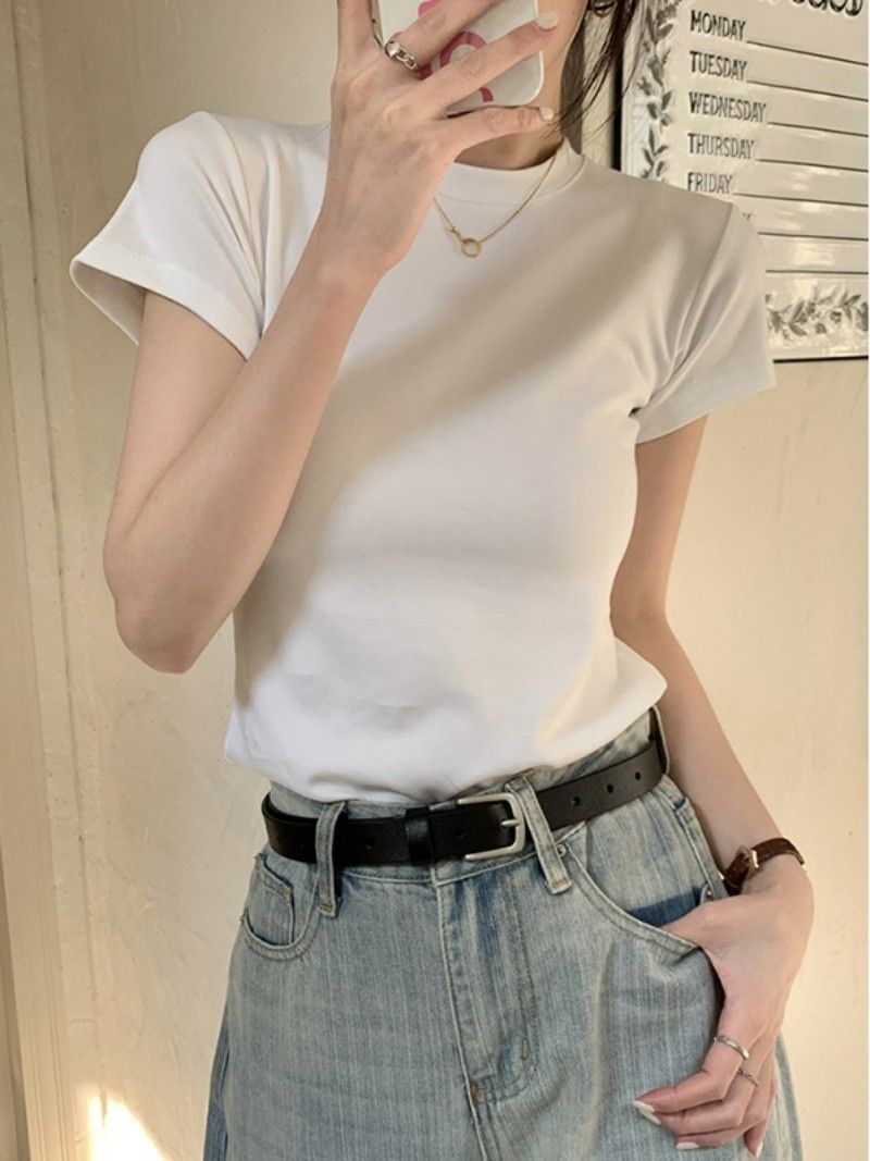 Summer 2023 new Korean version of slim round neck thin section front shoulder short-sleeved top women's all-match fashion bottoming shirt