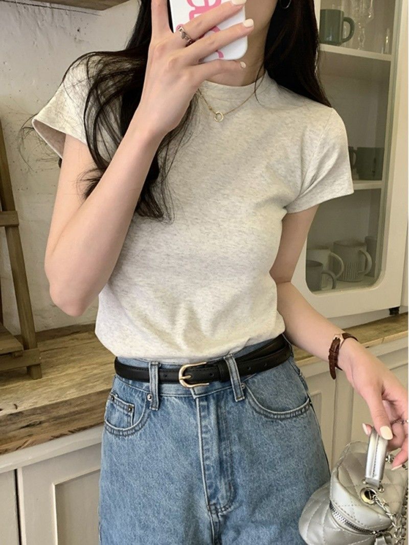 Pure cotton front shoulder short-sleeved t-shirt female ins hot girl round neck tight solid color self-cultivation slimming pure desire thin top summer