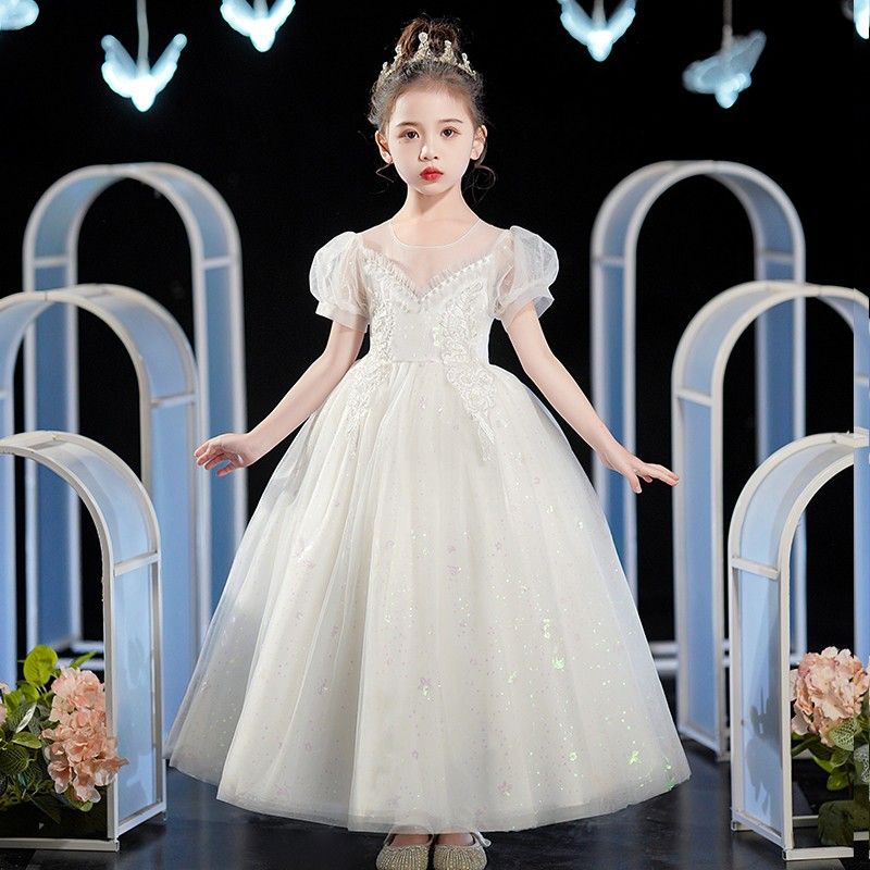 Girls summer white dress children's tutu skirt fluffy yarn performance dress Snow White skirt birthday skirt