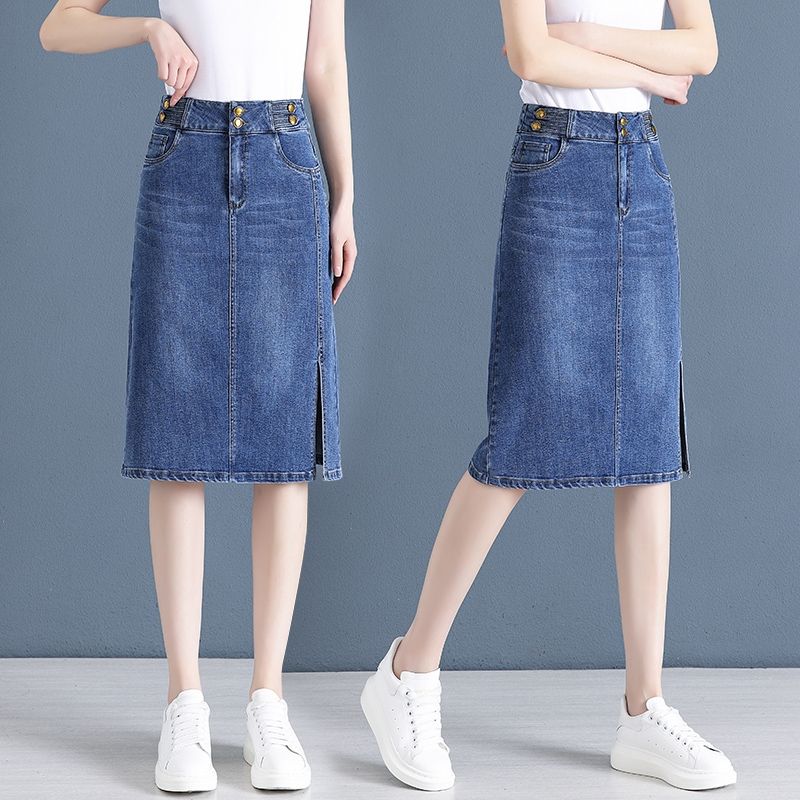 Denim skirt women's summer  new high-waisted mid-length a-line skirt slit one-step hip-covering short skirt