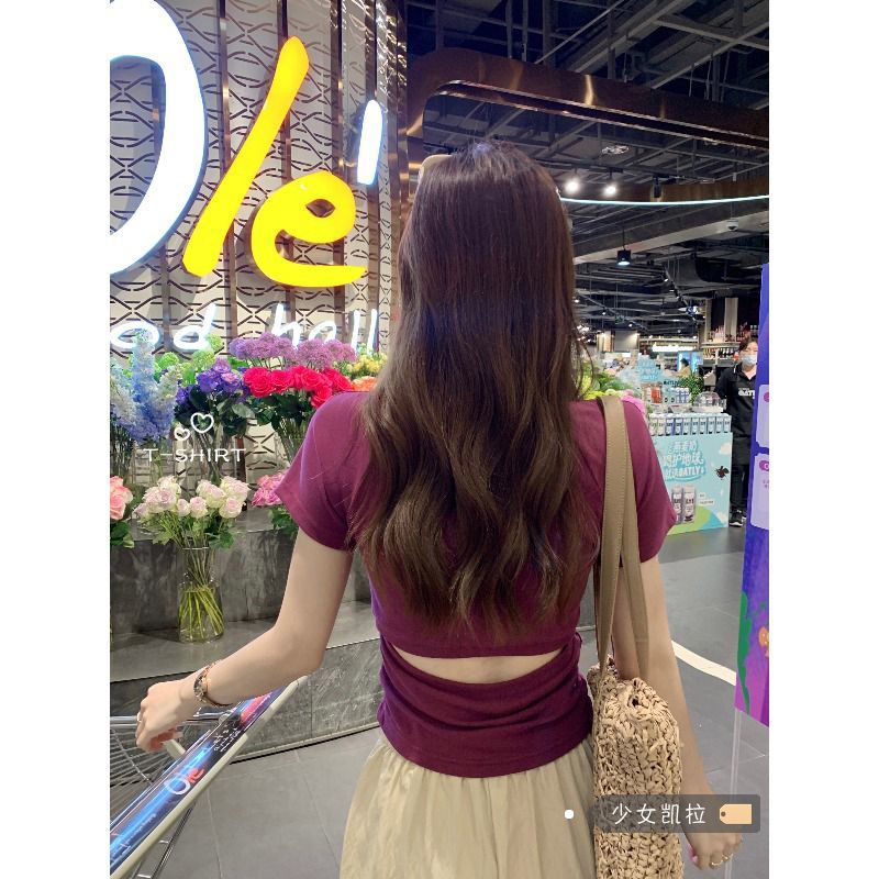 Back hollow short-sleeved T-shirt women's 2023 summer new design sense black slim short bottoming top