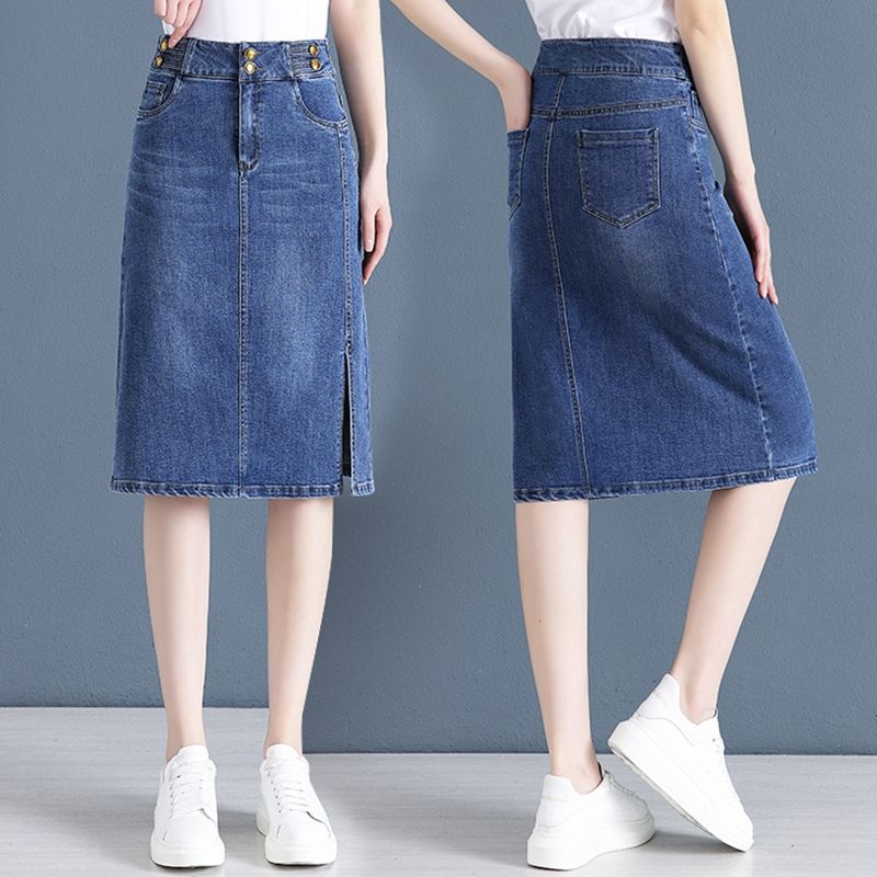 Denim skirt women's summer  new high-waisted mid-length a-line skirt slit one-step hip-covering short skirt