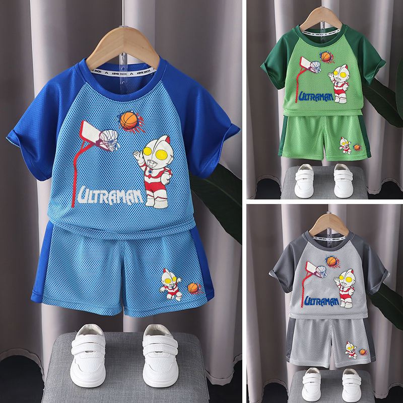 奧特曼男童短袖套裝2023夏季新款寶寶爆款網眼衣服兒童薄款兩件套