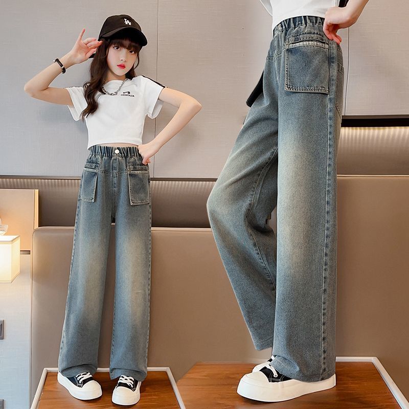 女童褲子夏季薄款洋氣2023新款大童寬鬆休閒闊腿褲夏裝兒童牛仔褲