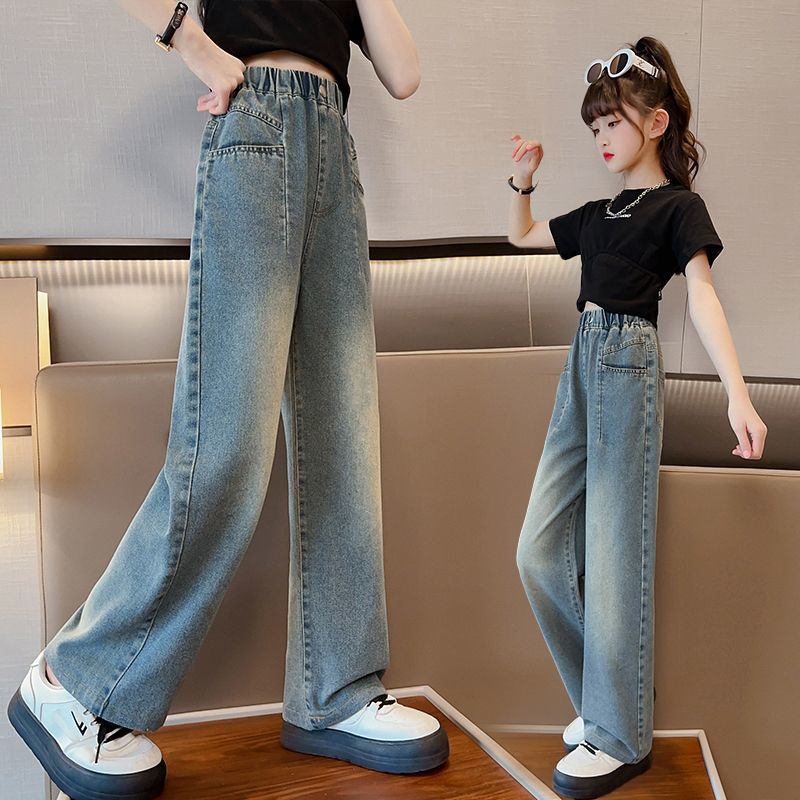 女童褲子夏季薄款2023新款大童寬鬆直筒休閒闊腿褲夏裝兒童牛仔褲