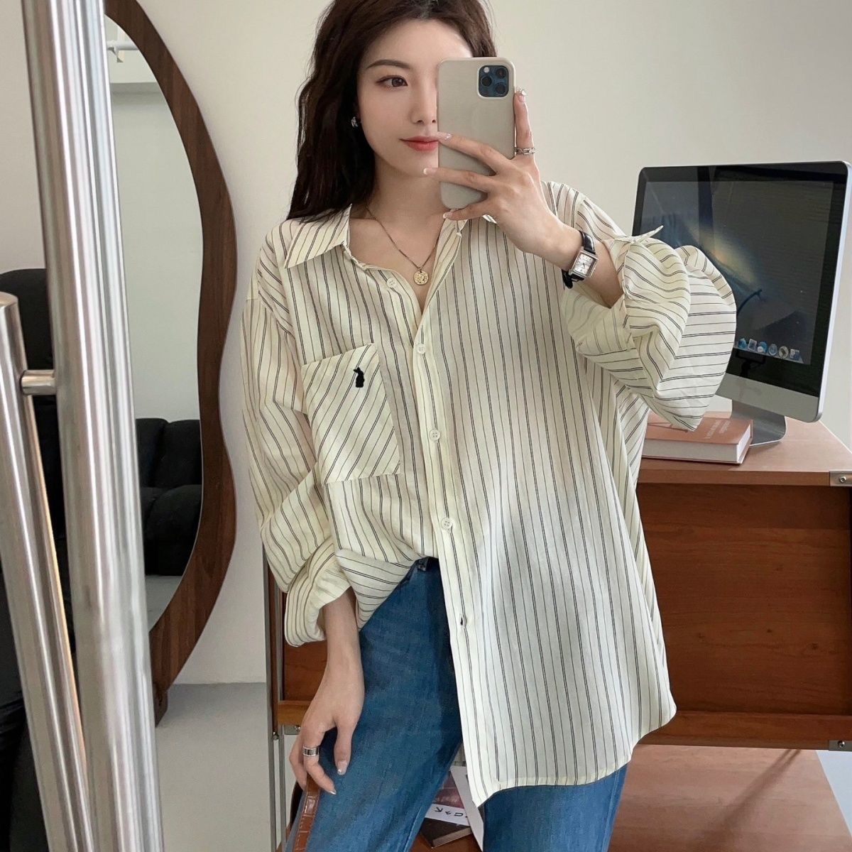 格瑞吉奧慵懶風條紋襯衫外套女春夏設計感小眾復古港味寬鬆襯衣潮