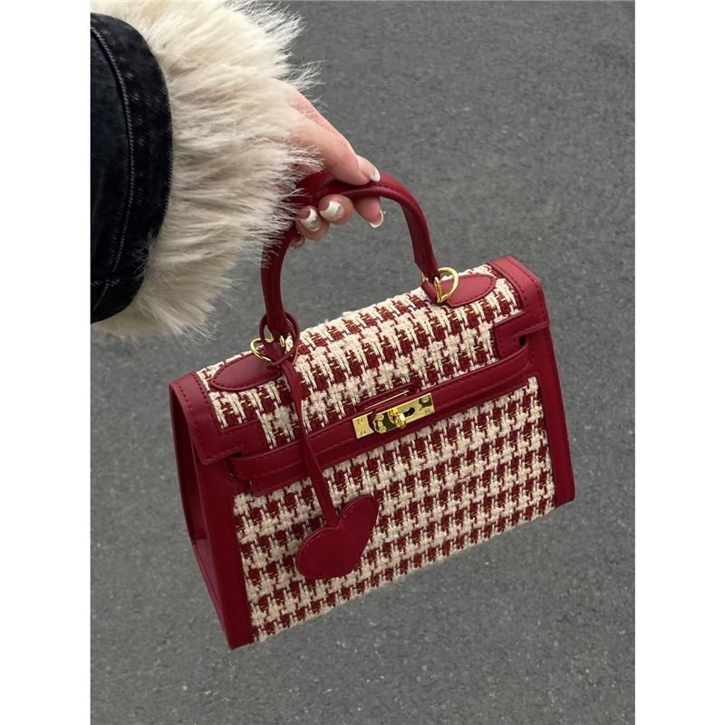 Red plush wedding bag bridal bag 2023 new houndstooth series high-grade woven portable Kelly bag