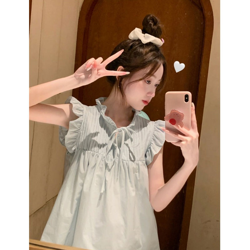 法式木耳邊飛飛袖短袖襯衫女夏季甜美寬鬆娃娃衫仙氣減齡漂亮小衫