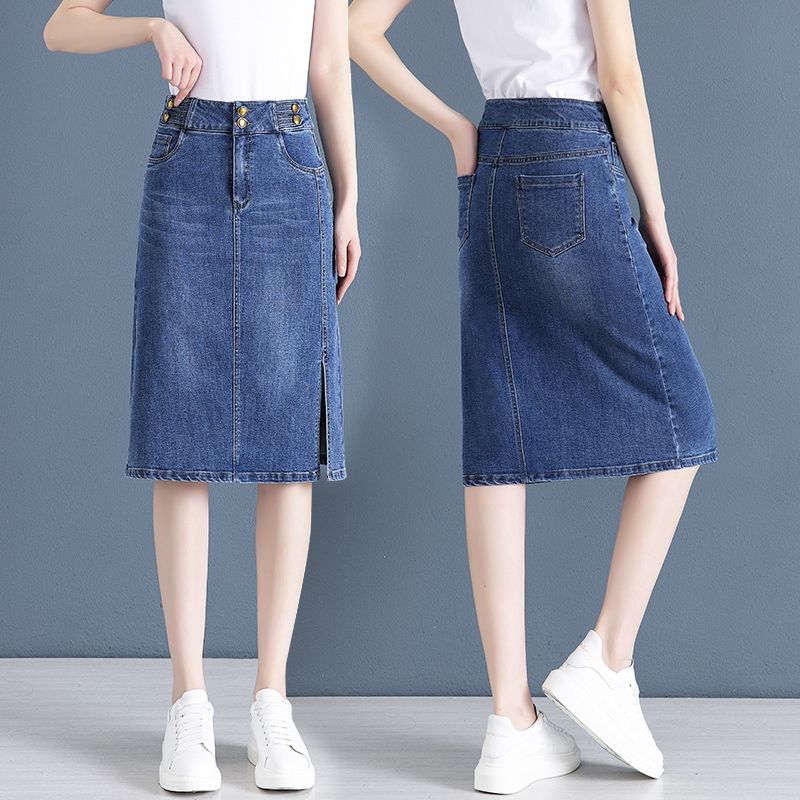 Denim skirt women's summer  new high-waisted mid-length a-line skirt slit one-step hip-covering short skirt