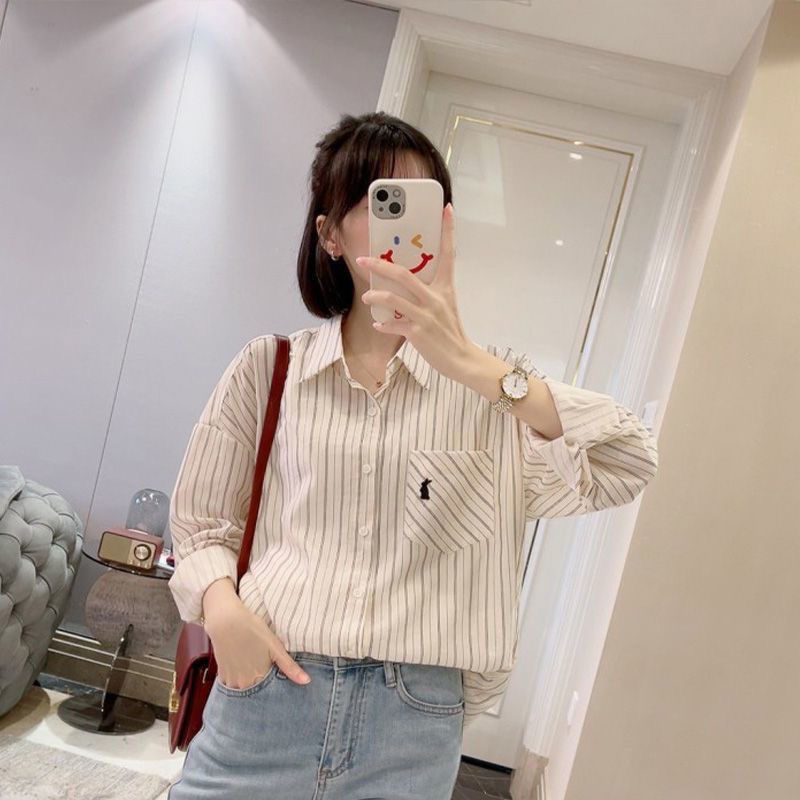 Grigio's new spring and summer long-sleeved tops, small design shirts, striped sunscreen shirts for women