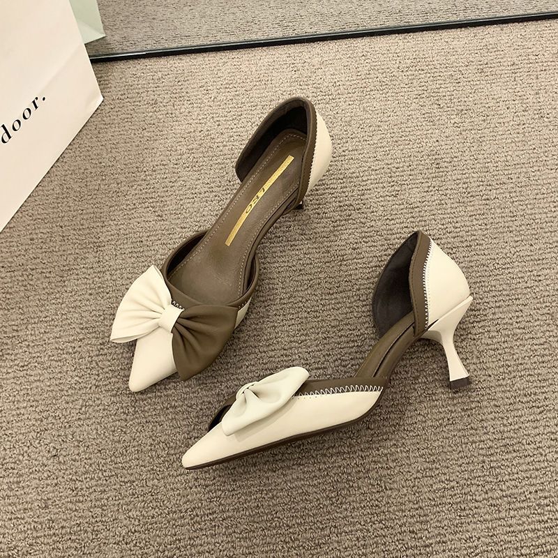 Small fragrance style high-heeled shoes girls 2023 new French middle style single shoes women stiletto temperament bow sandals women