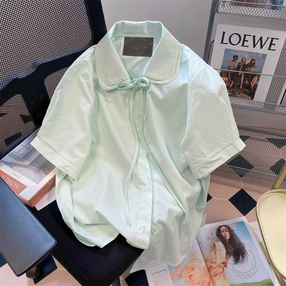法式甜美薄荷绿双层娃娃领衬衫女夏季短袖设计感小众别致宽松上衣