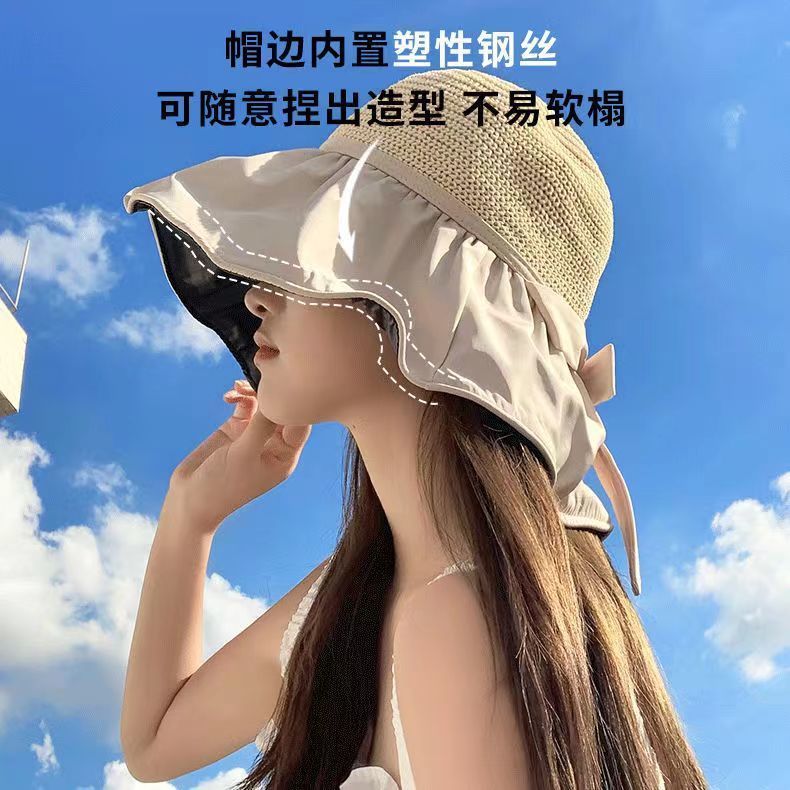 遮阳帽女夏季黑胶蝴蝶结镂空防紫外线大檐遮脸防晒帽太阳渔夫帽子