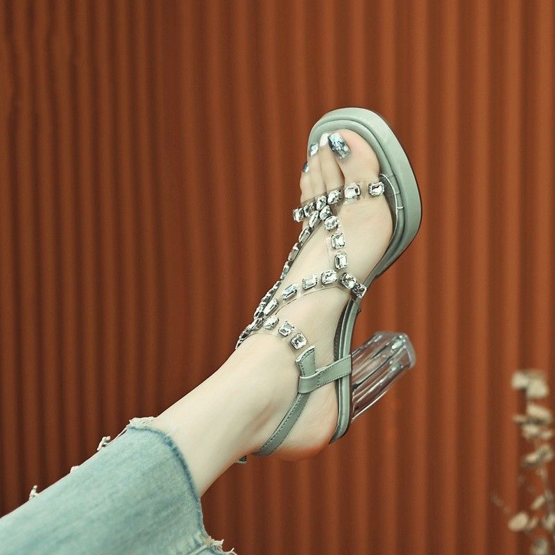 Design sense crystal chunky heel sandals women's 2023 summer new sexy rhinestone transparent mid-heel one-word high-heeled shoes