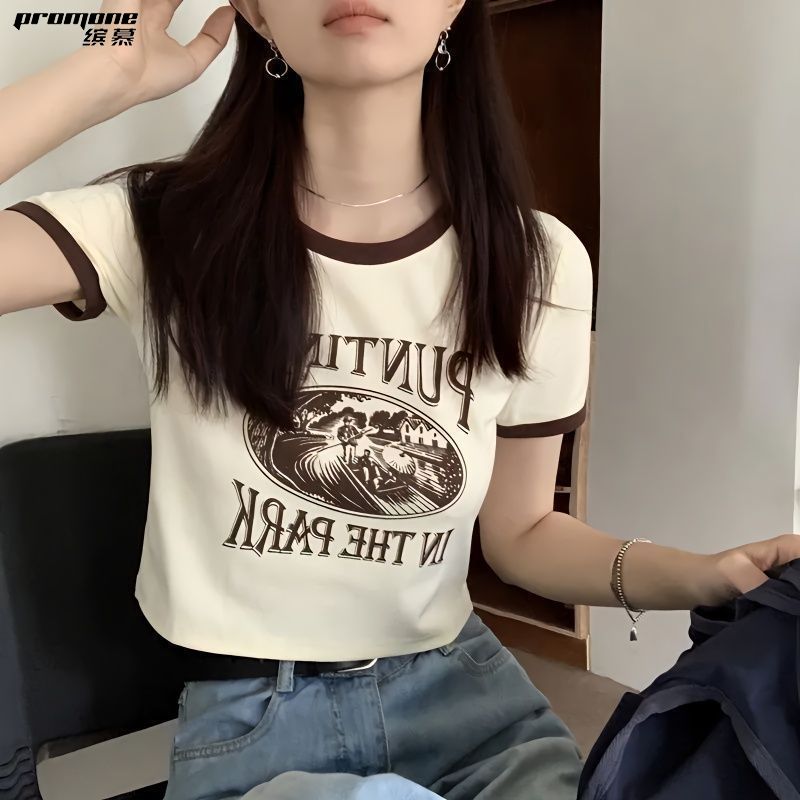 PROMONE純欲風甜辣妹ins短款上衣新款設計感撞色圓領百搭正肩t恤