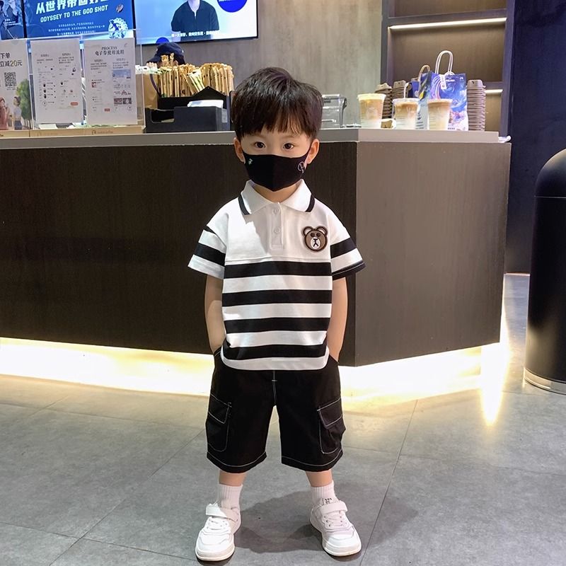 男童夏季套裝2023新款潮兒童條紋polo衫短袖短褲男孩帥氣休閒夏裝