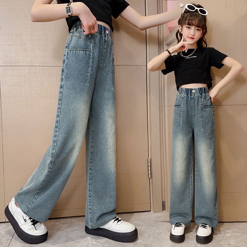 女童褲子夏季薄款2023新款大童寬鬆直筒休閒闊腿褲夏裝兒童牛仔褲