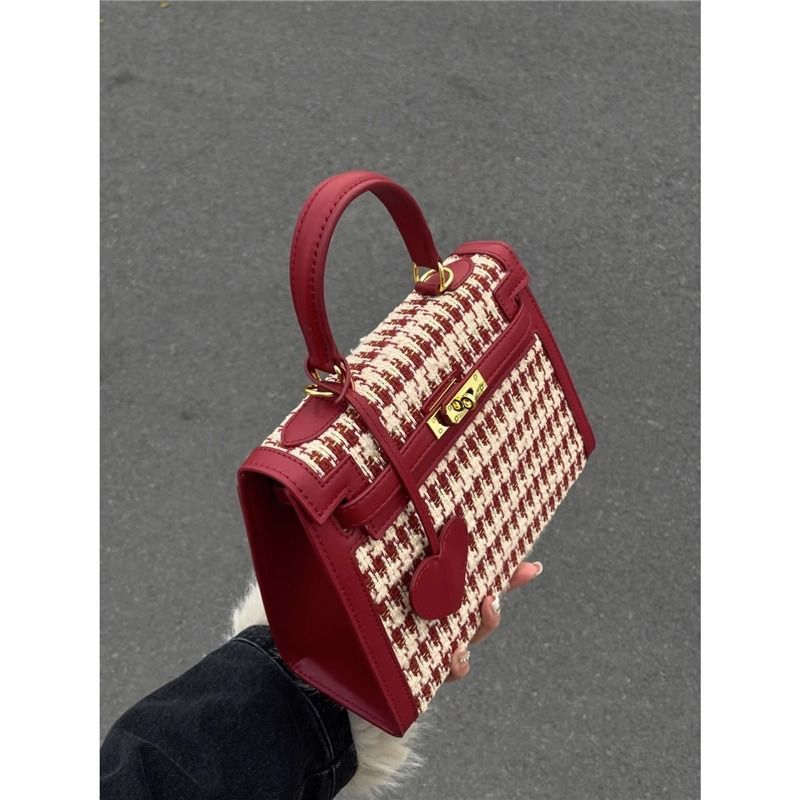 Red plush wedding bag bridal bag 2023 new houndstooth series high-grade woven portable Kelly bag