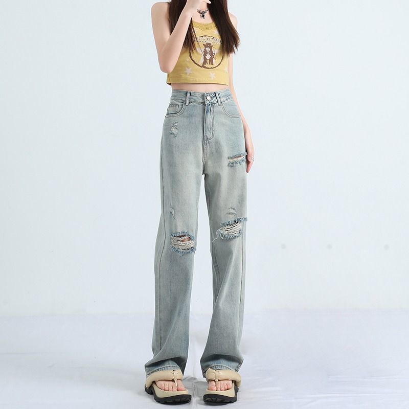 復古破洞闊腿牛仔褲女夏季2023新款高腰直筒寬鬆小個子拖地褲春秋