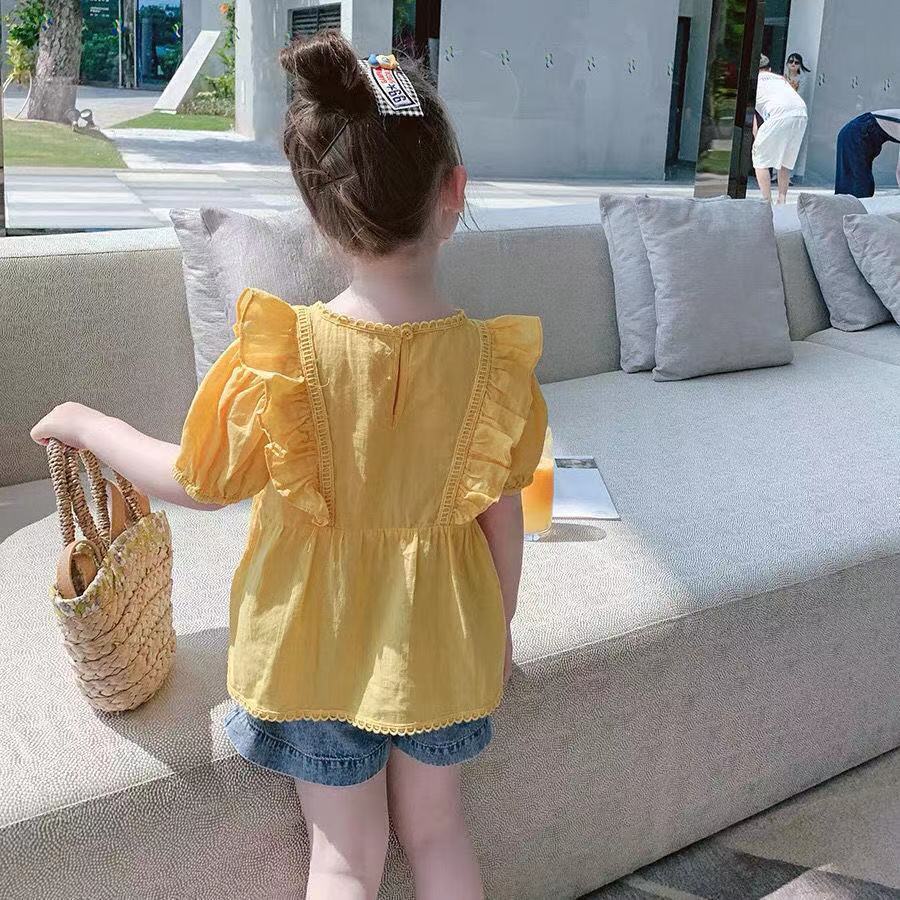 新款儿童纯棉短袖衬衫夏装时髦洋气娃娃衫衬衣泡泡袖女童上衣