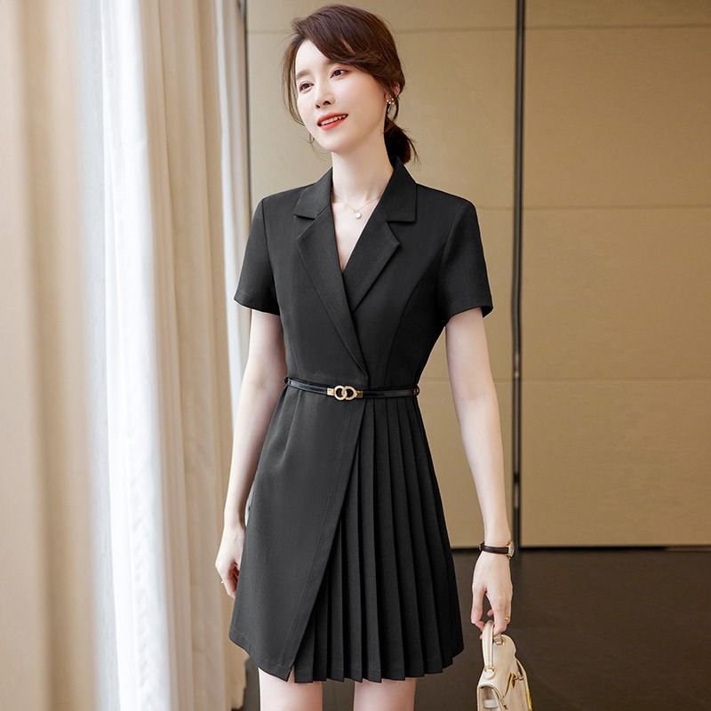 黑色职业装连衣裙女夏季售楼部处工装气质高级感短袖西装裙工作服