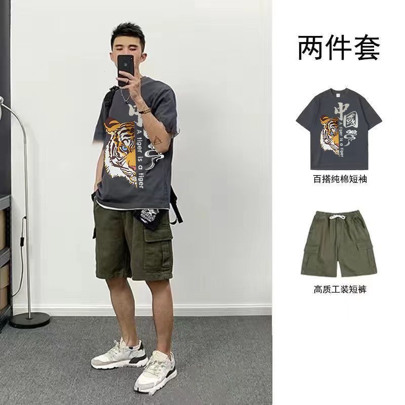 霸气印花男t恤短袖夏季男装一整套2023年夏天青少年新款套装穿搭
