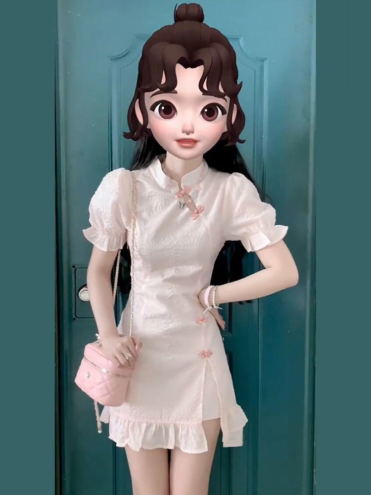 旗袍改良国风小个子粉色少女年轻款夏季新中式日常短款连衣裙