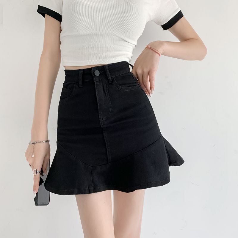 Slender a-line skirt 2023 spring high waist fishtail bag hip retro elastic ruffled denim skirt women's clothing