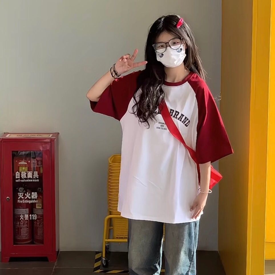 100%純棉美式插肩短袖T恤女寬鬆休閒夏季學院風圓領拼接酒紅上衣