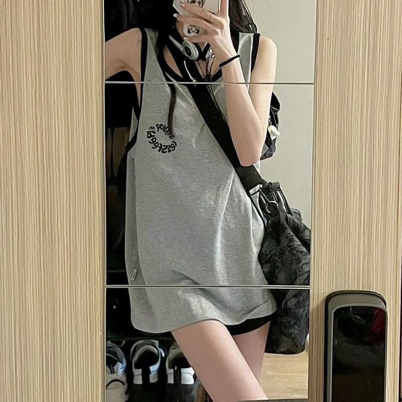 美式復古甜辣無袖t恤女夏季吊帶背心寬鬆外穿oversize中長款上衣