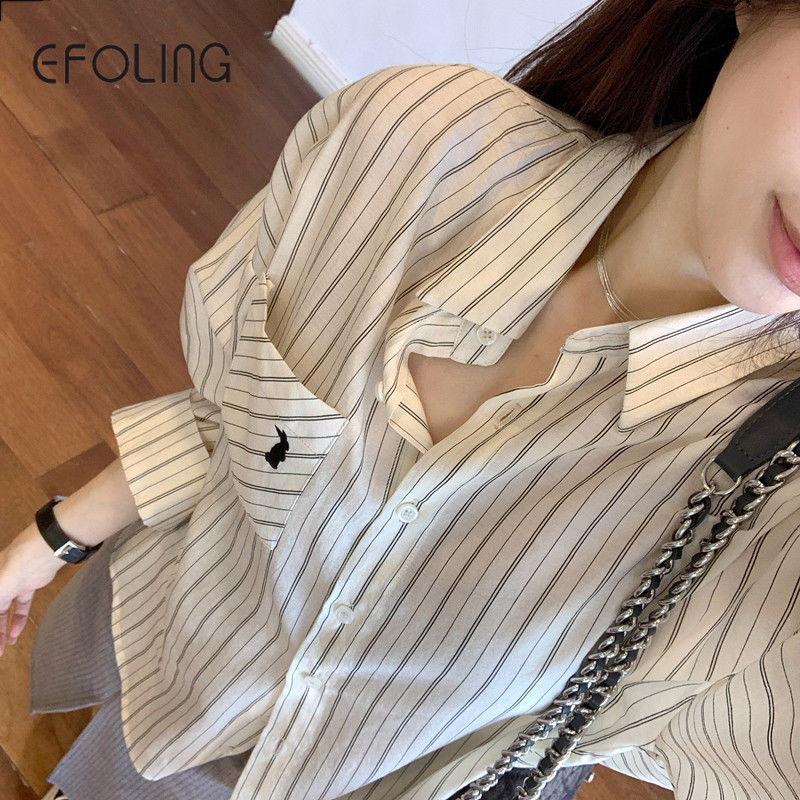 EFOLONG港風豎條紋襯衫女兔子刺繡翻領長袖氣質開衫防曬薄款外套