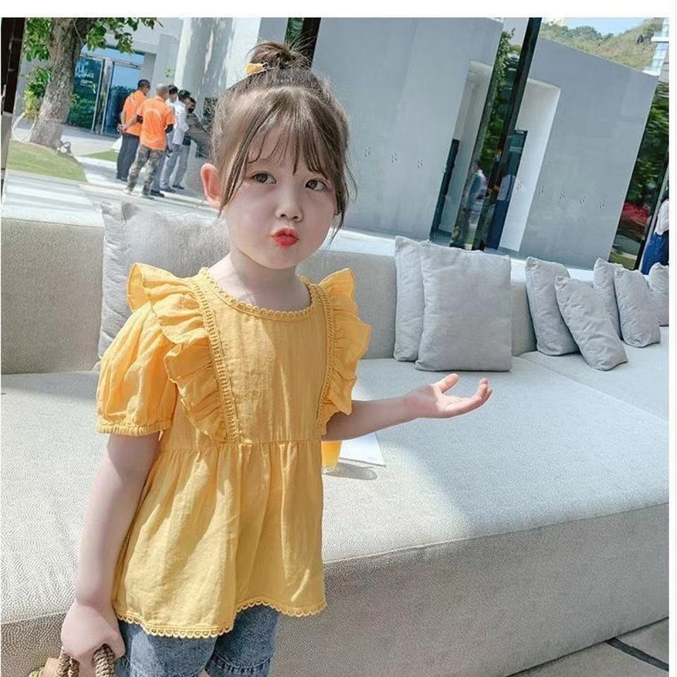 新款儿童纯棉短袖衬衫夏装时髦洋气娃娃衫衬衣泡泡袖女童上衣