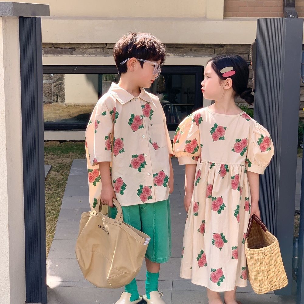 夏季兒童姐弟裝韓國寶寶洋氣花朵兄妹裝男童度假風襯衫女童連衣裙