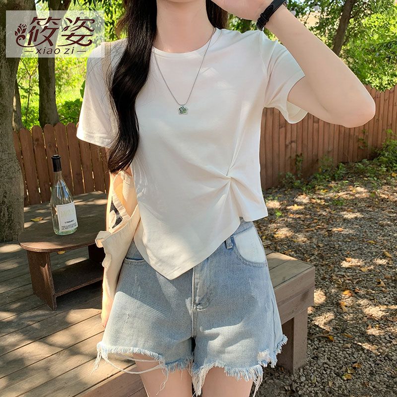 筱姿ins不規則純棉短袖t恤女2023夏季新款設計感小眾短款辣妹上衣