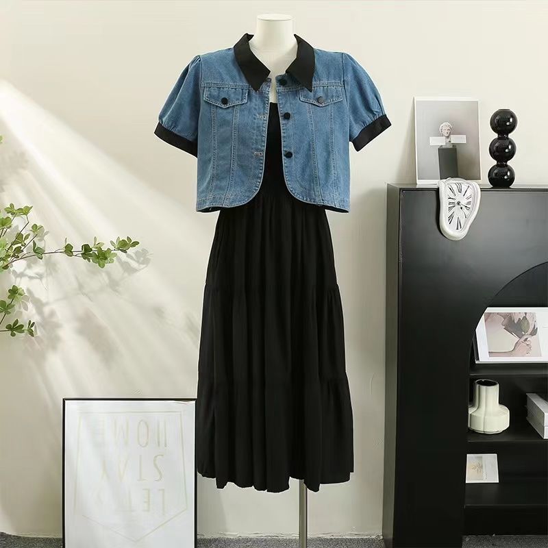 Plus size women's summer  new fat MM short denim jacket covers the belly and looks slim suspender dress suit skirt