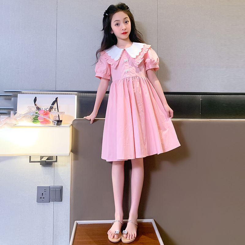 女童夏季清新連衣裙2023新款兒童繡花領童裝裙子中大童全棉公主裙
