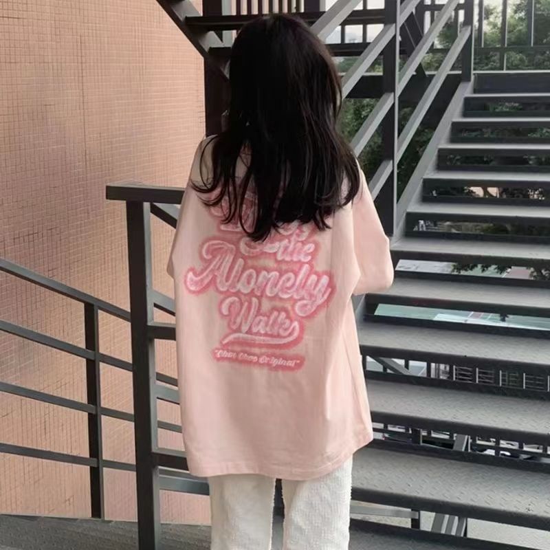 100%純棉夏季新款字母粉色短袖t恤女寬鬆美式國潮半袖體恤衫上衣