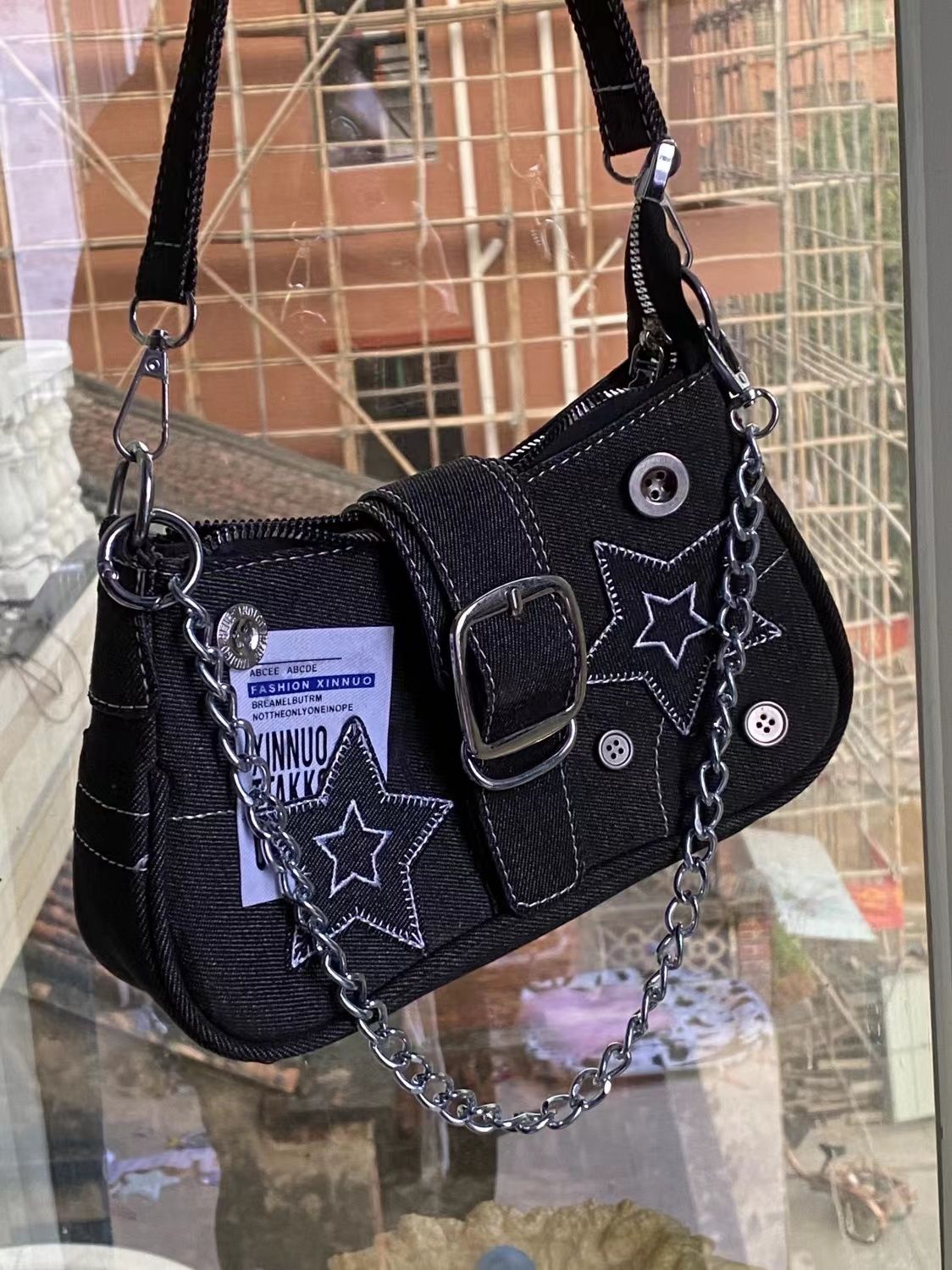 2023 New Millennium Hot Girl Y2K Star Denim Armpit Bag Retro Button American English Poster Chain Bag