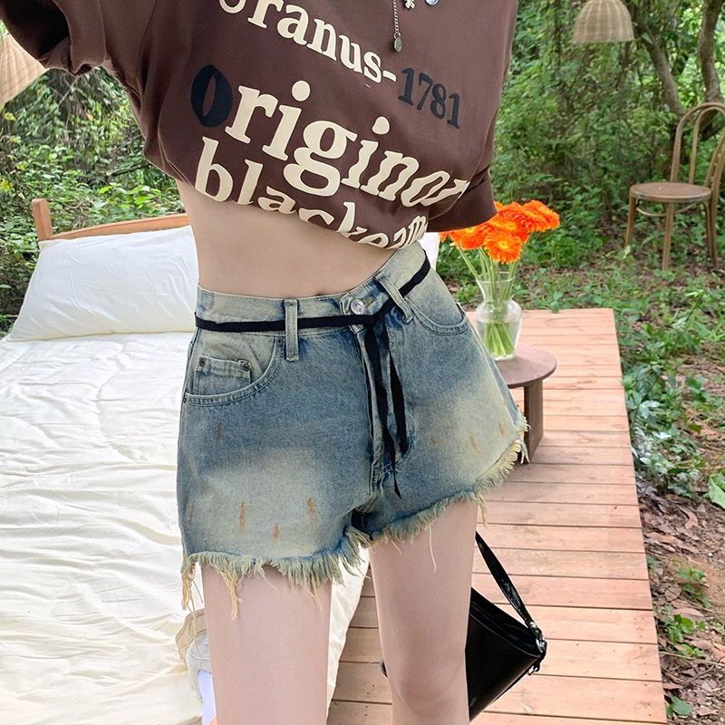 YSYOURS彩繪流蘇牛仔短褲女夏季高腰顯瘦A字大碼塗鴉毛邊闊腿熱褲