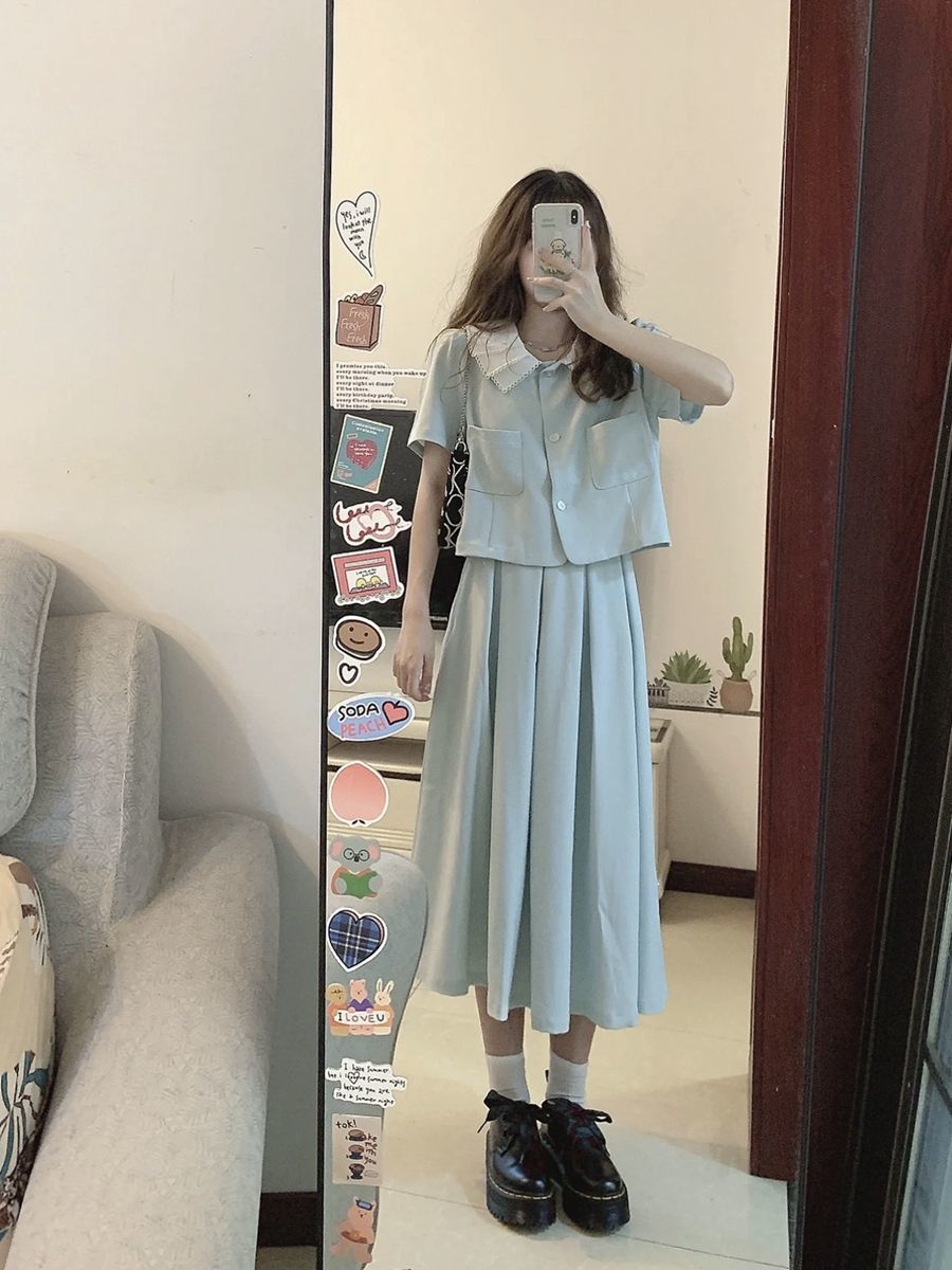韓系甜美減齡休閒淺藍色套裝女夏娃娃領短袖襯衫百褶半身裙兩件套