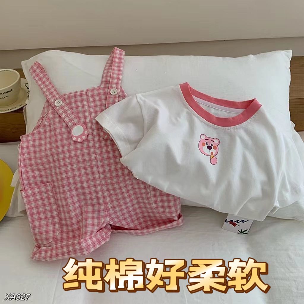 超可愛~2023夏季女童背帶褲兩件套短袖兒童套裝粉嫩格子洋氣短褲