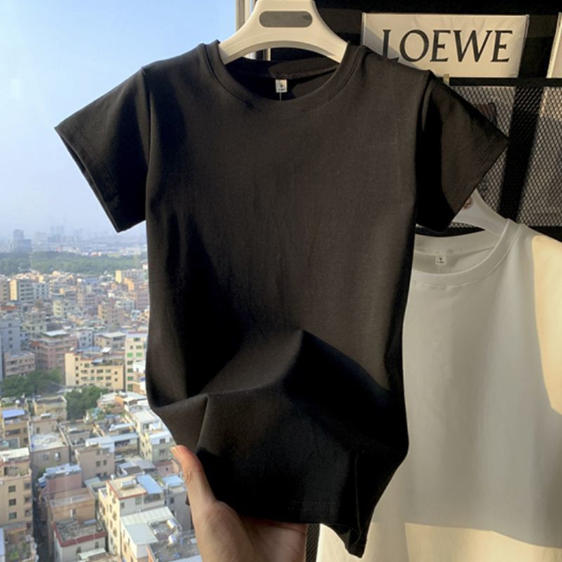 American solid color t-shirt women's front shoulder short-sleeved European goods sweet and spicy self-cultivation thin temperament pure cotton thin bottoming shirt top