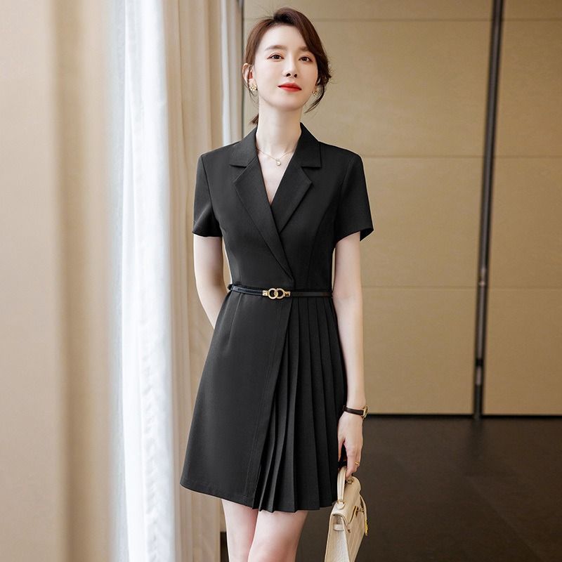 黑色职业装连衣裙女夏季售楼部处工装气质高级感短袖西装裙工作服