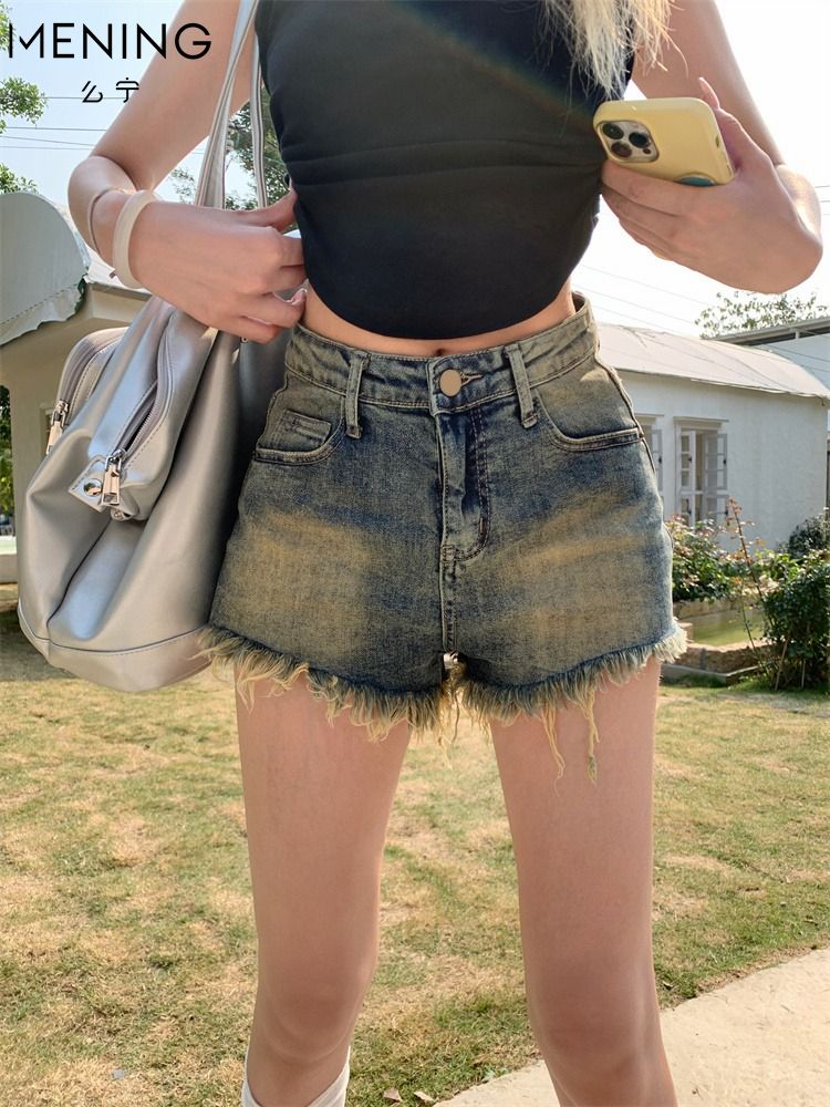 麼寧毛邊復古牛仔褲女設計感潮熱褲夏季做舊a字短褲辣妹闊腿短褲