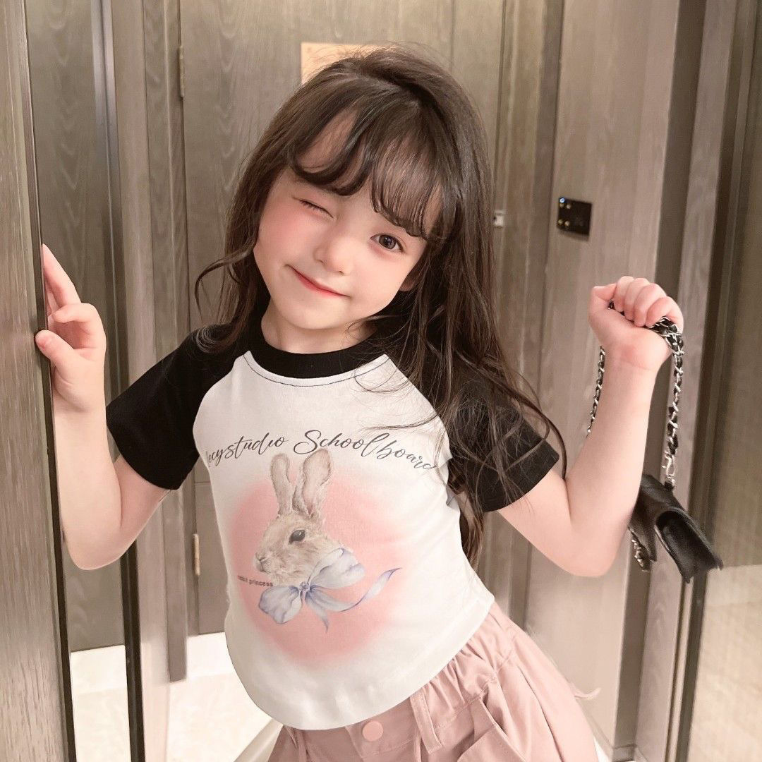 Girls' Fashionable Raglan Printed T-Shirt Summer Popular Children's Short Top Fashionable Outerwear Cotton Lightweight Sweet Cool Style