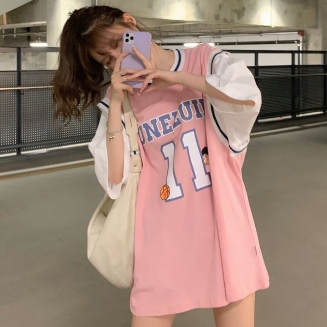 假兩件籃球服t恤女2023新款韓版寬鬆中長款球衣短袖學生半袖ins潮